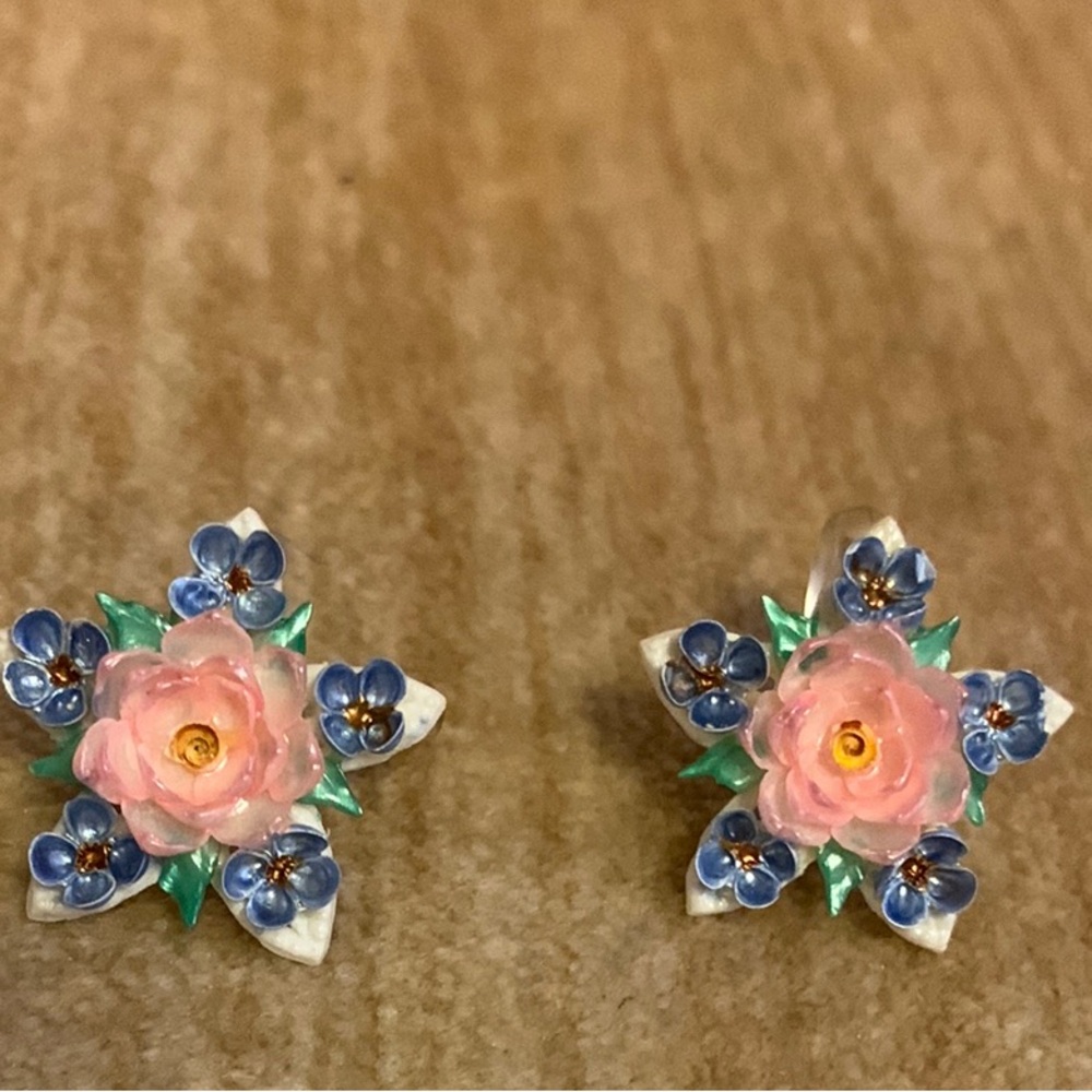 Floral Enamel clip on vintage earrings